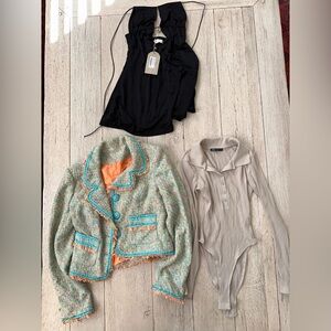 ZARA Ribbed Polo Bodysuit (Stone/Beige, Size S)